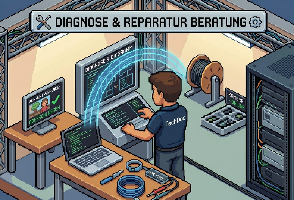 Werkstatt mit Rechner, Bildschirm und Diagramm